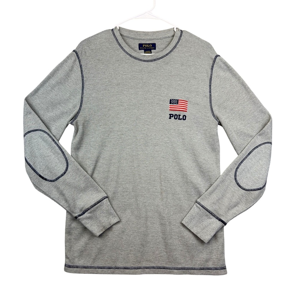 Polo Ralph Lauren Pajama Top Mens Medium Gray Thermal USA‎ Flag Sleepwear